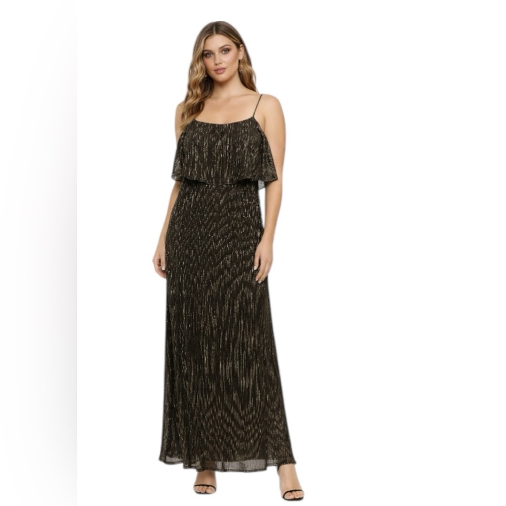 Lulus Metallic Maxi Dress Black Gold Spaghetti Strap Ruffle Size S